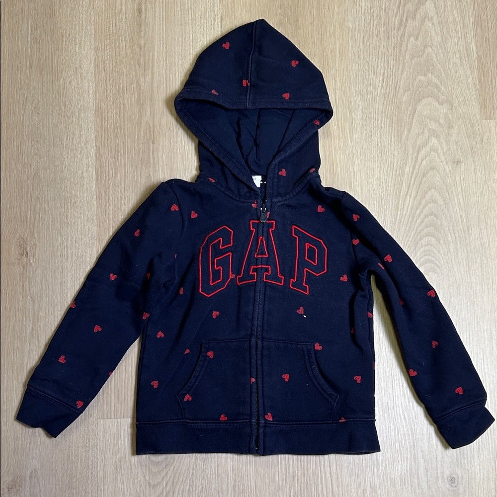 GAP Kids Dark Blue Hoodie Embroidered Brand Logo with Red Heart Print Details 5T